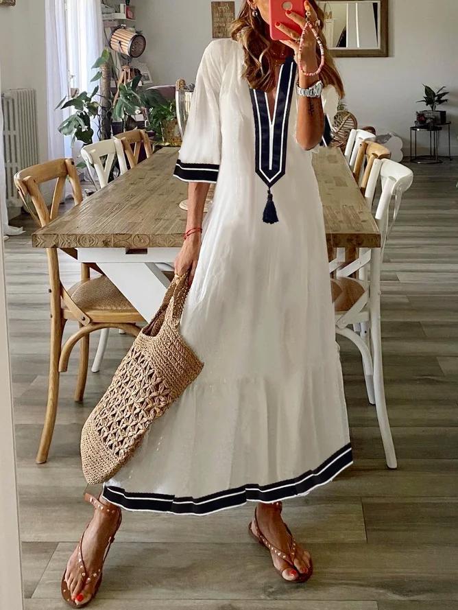 BlütenBliss® - Special white midi dress with V-neck and tassels