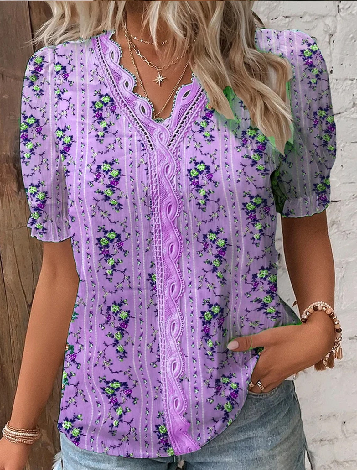 Purewear®- V-neck short sleeve purple casual blouse