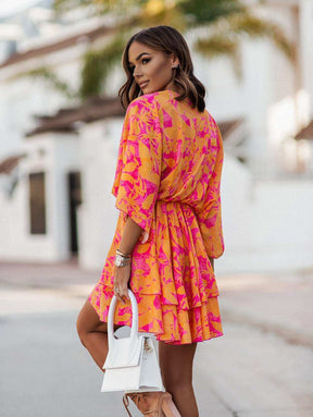 FallStil® - V-neck boho casual batwing sleeve orange floral mini dress 