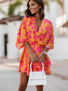 FallStil® - V-neck boho casual batwing sleeve orange floral mini dress 