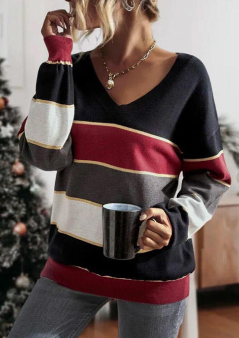 ChristStil® - Color Block Long Sleeve V-Neck Blouse