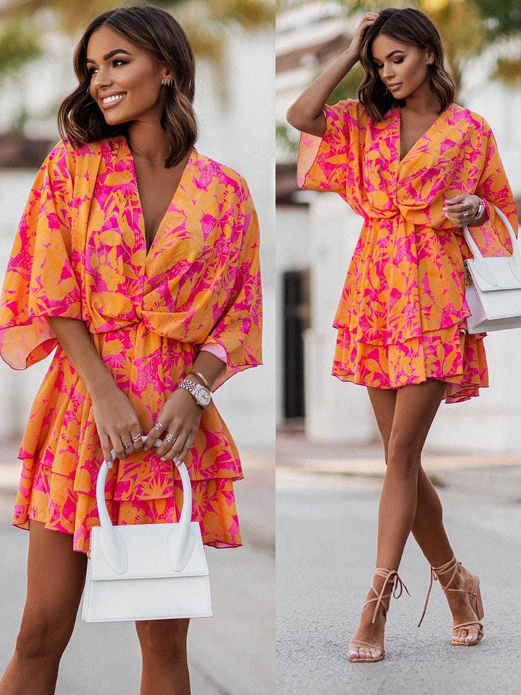 FallStil® - V-neck boho casual batwing sleeve orange floral mini dress 