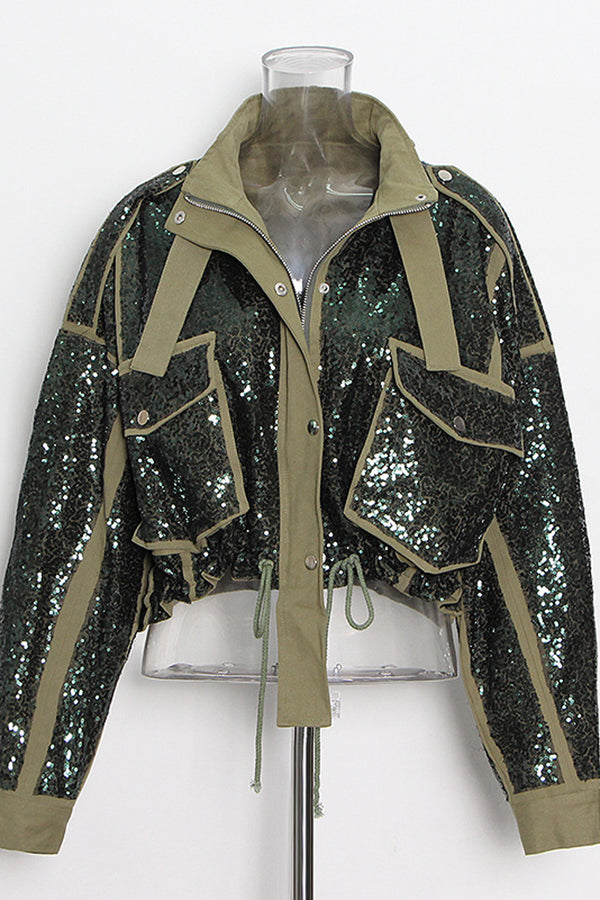 Mandarin collar glitter coat