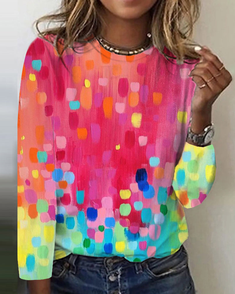 FallStil® - Raining Color Dots Long Sleeve Round Collar Top