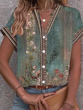 HerbstTrend® - Grüne Vintage-Aquarell-Bluse mit Blumendruck