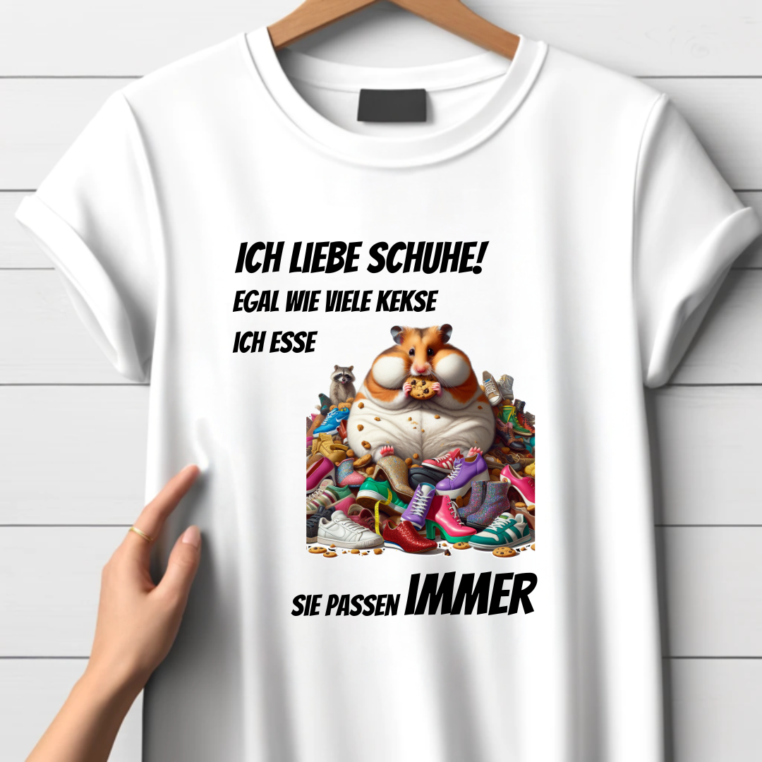 Ich liebe Schuhe | Lustiges Hamster T-Shirt | Humorvolles Winterdesign | Statement Shirt für Frauen