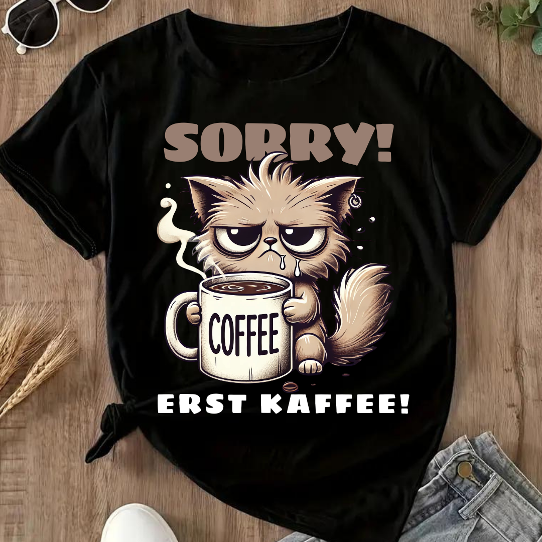 Sorry Erst Kaffee Shirt | Lustiges Katzen T-Shirt | Kaffee Statement | Humorvolles Winterdesign für Damen