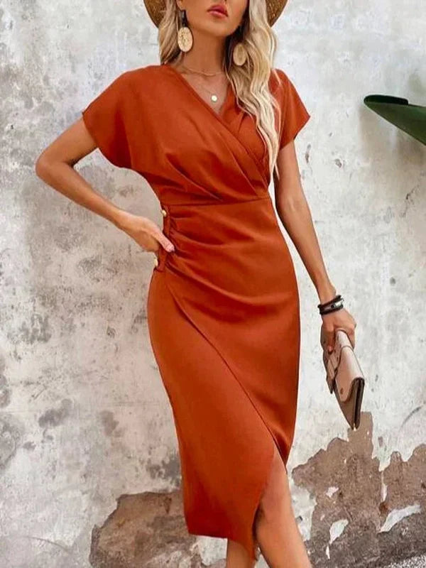 EcoExotica® - Orange solid V-neck midi dress