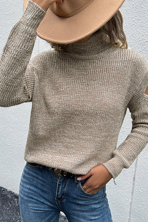 BlütenBliss® - Solid Color Hollow Out Off Shoulder Long Sleeve Turtleneck Sweater