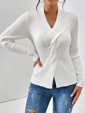 HerbstTrend® - White plain sweater with V-neck and long sleeves