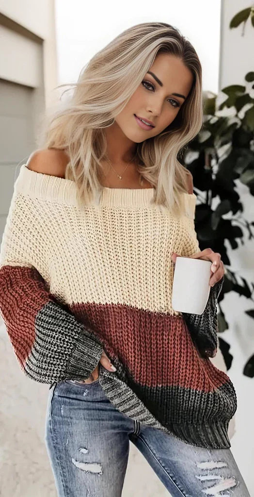 Reunification® - Off Shoulder Color Block Knit Sweater