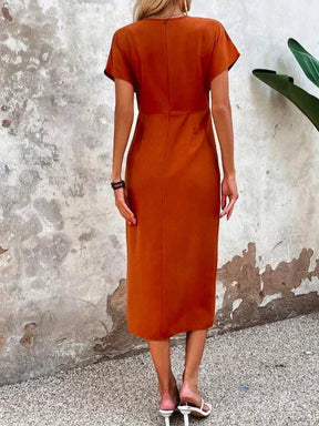 EcoExotica® - Orange solid V-neck midi dress