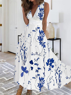 FallStil® - Royal blue white floral print midi dress