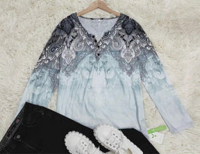 FallStil® - Blue-Gray Oceanic Luxe Print V-Neck Long Sleeve Top