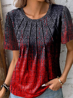 BlütenBliss® - Short sleeve pintuck top with red and blue ombre print