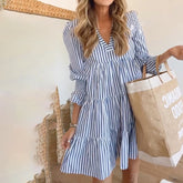 BlütenBliss® - Fresh long-sleeved mini dress with striped V-neck