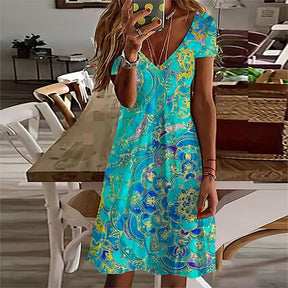 FallStil® - Ocean blue knee-length mini dress with mandala print and short sleeves