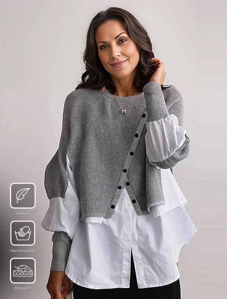 SpringStil® - Grey Knitted Blouse White Twofer Sweater