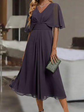 PureWear® - Purple plain midi dress with V-neck