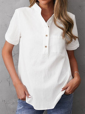 FallStil® - Plain white short sleeve top with button placket