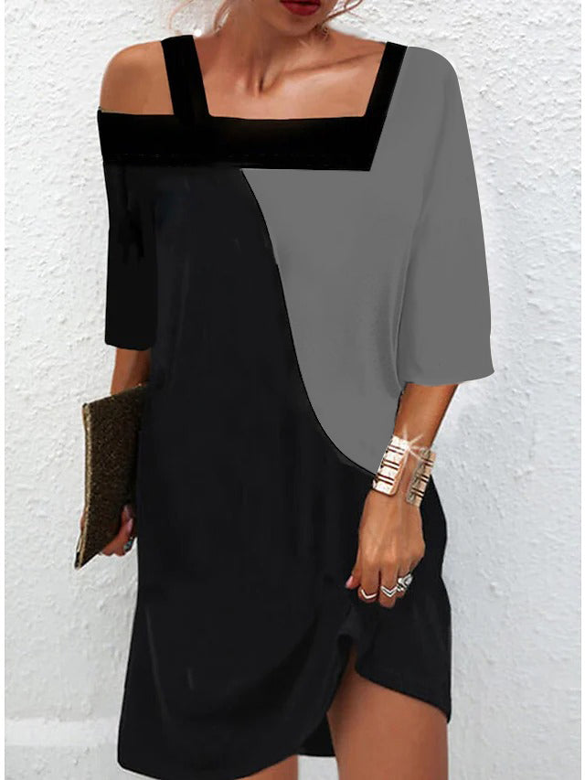 PureWear® - Grey and black asymmetric cold shoulder mini dress