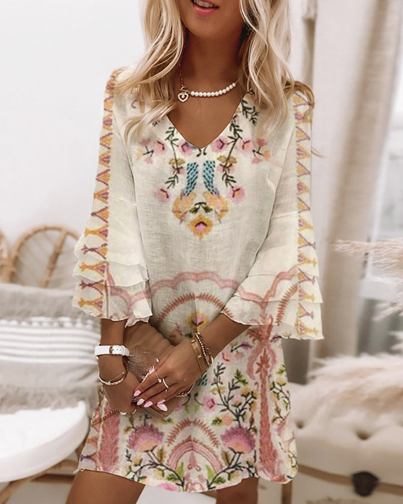 FallStil® - Boho Prairie Pink and Tan Long Sleeve Mini Dress