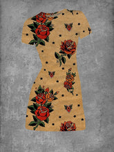 BlütenBliss® - Women Vintage Old Paper Rose Tattoos Round Neck T-Shirt Dress