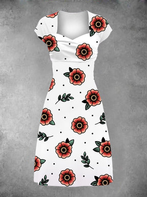 EcoExotica® - Women's rose old school tattoo graphic patchwork casual midi dress