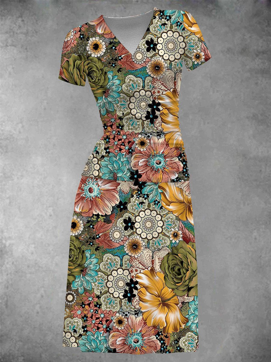 BlütenBliss® - Women's Vintage Flora Art Print Midi Dress