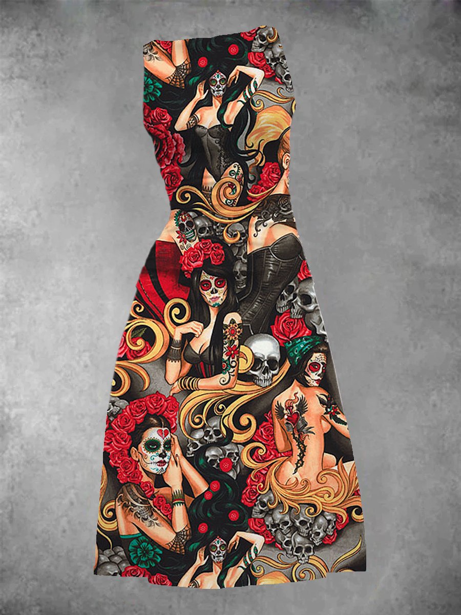 BlütenBliss® - Women's Day of the Dead Tattoo Print Maxi Dress