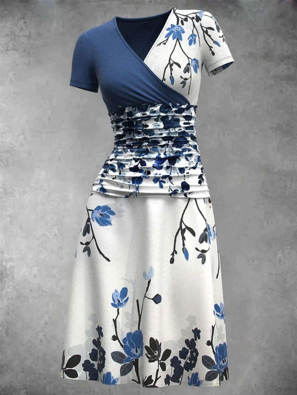 EcoExotica® - White and blue midi dress with floral print in vintage look