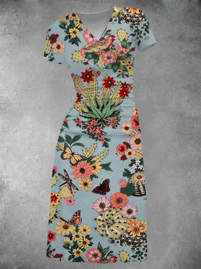 EcoExotica® - Women's Vintage Hacienda Cactus Print Midi Dress