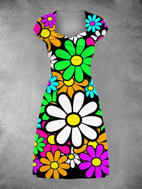 BlütenBliss® - Women's Retro Daisy Floral Graphic Patchwork Casual Midi Dress