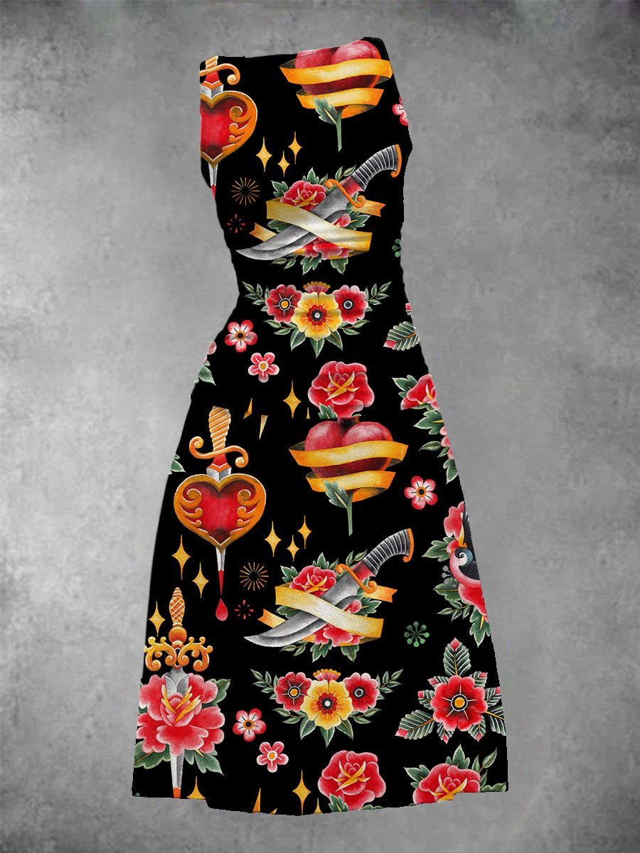 BlütenBliss® - Ladies vintage rose tattoo maxi dress