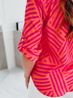 FallStil® - Pink and orange blouse with zigzag stripes and button placket