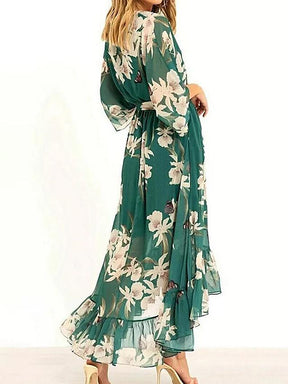 FallStil® - Green long sleeve V-neck maxi dress