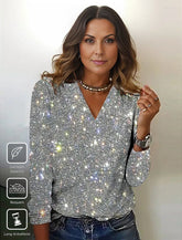 WinterTrend® - Silver Metallic Disco Glitter Print V-Neck Long Sleeve Top