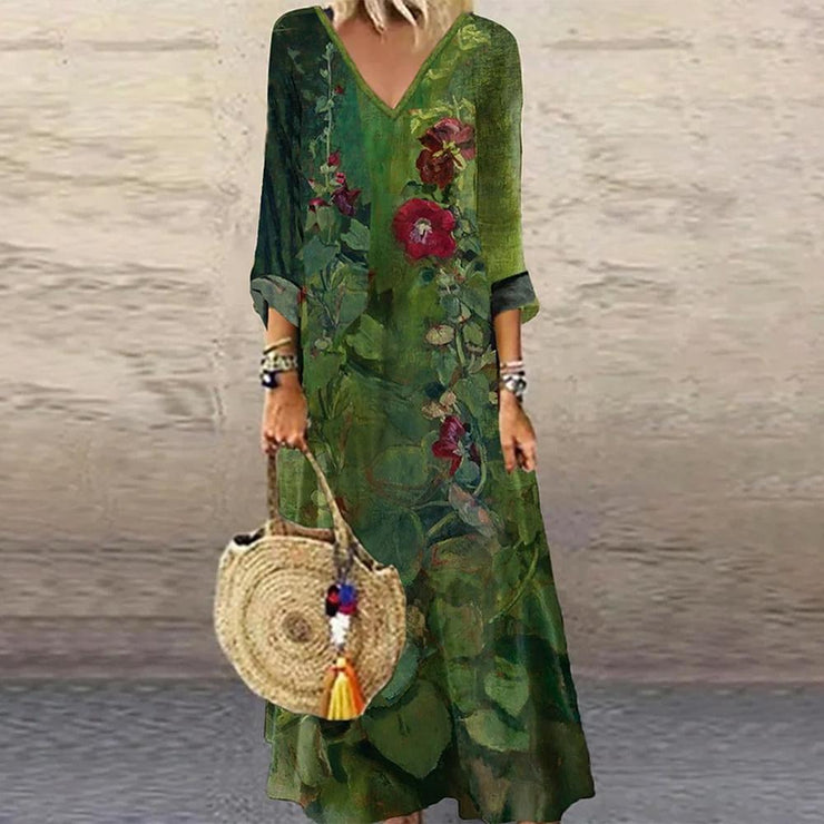 SpringStil® - Green 3/4 sleeve maxi dress with V-neck 