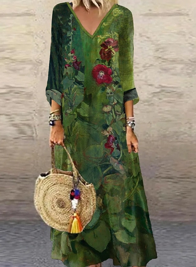 SpringStil® - Green 3/4 sleeve maxi dress with V-neck 