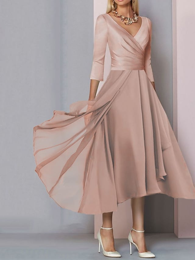 SpringStil® - Light pink pleated ¾-sleeve A-line maxi dress