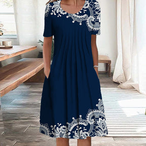 SpringStil® - White midi dress with floral garden pattern made of lace and blue shift