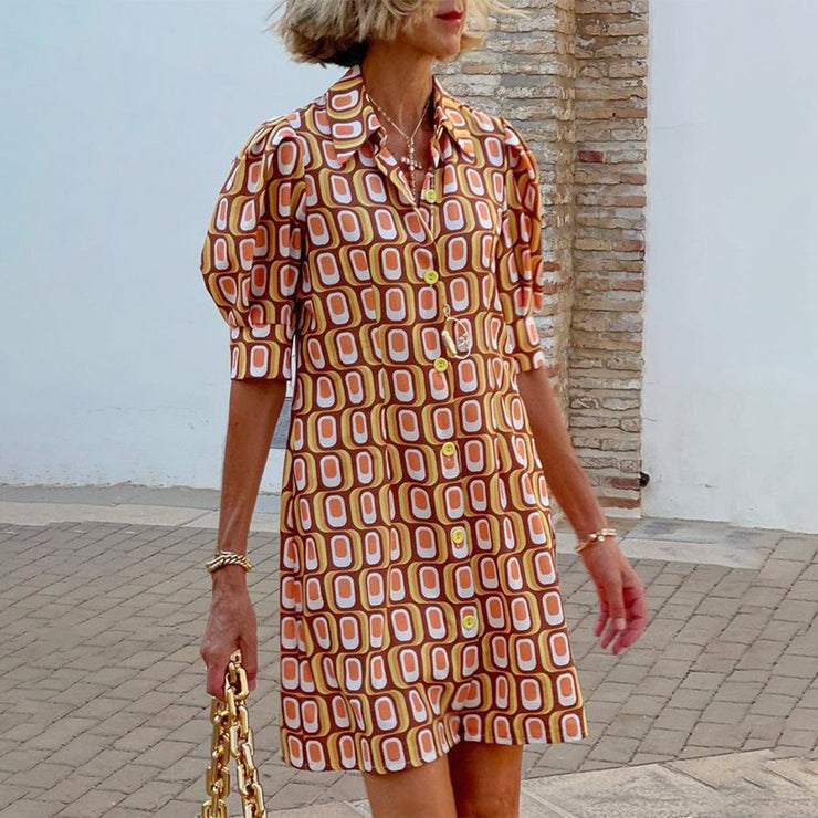 Naturlux® - Retro Geometric Print Puff Sleeve Mini Dress